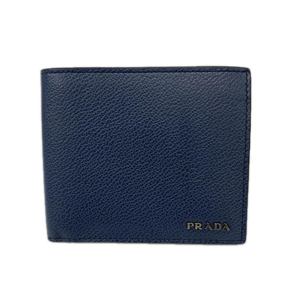 PRADA Vitello Daino Triangle Logo Bi-fold Wallet 2MO738 Navy Calf Leather Men's